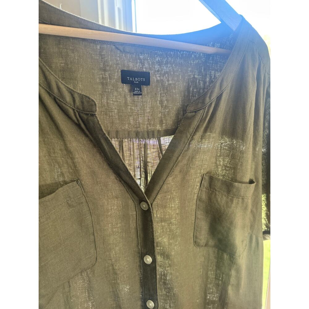 Talbots 100% Linen Olive Green Button Front Midi Shirtdress Waist Tie Size 22W - Picture 9 of 11